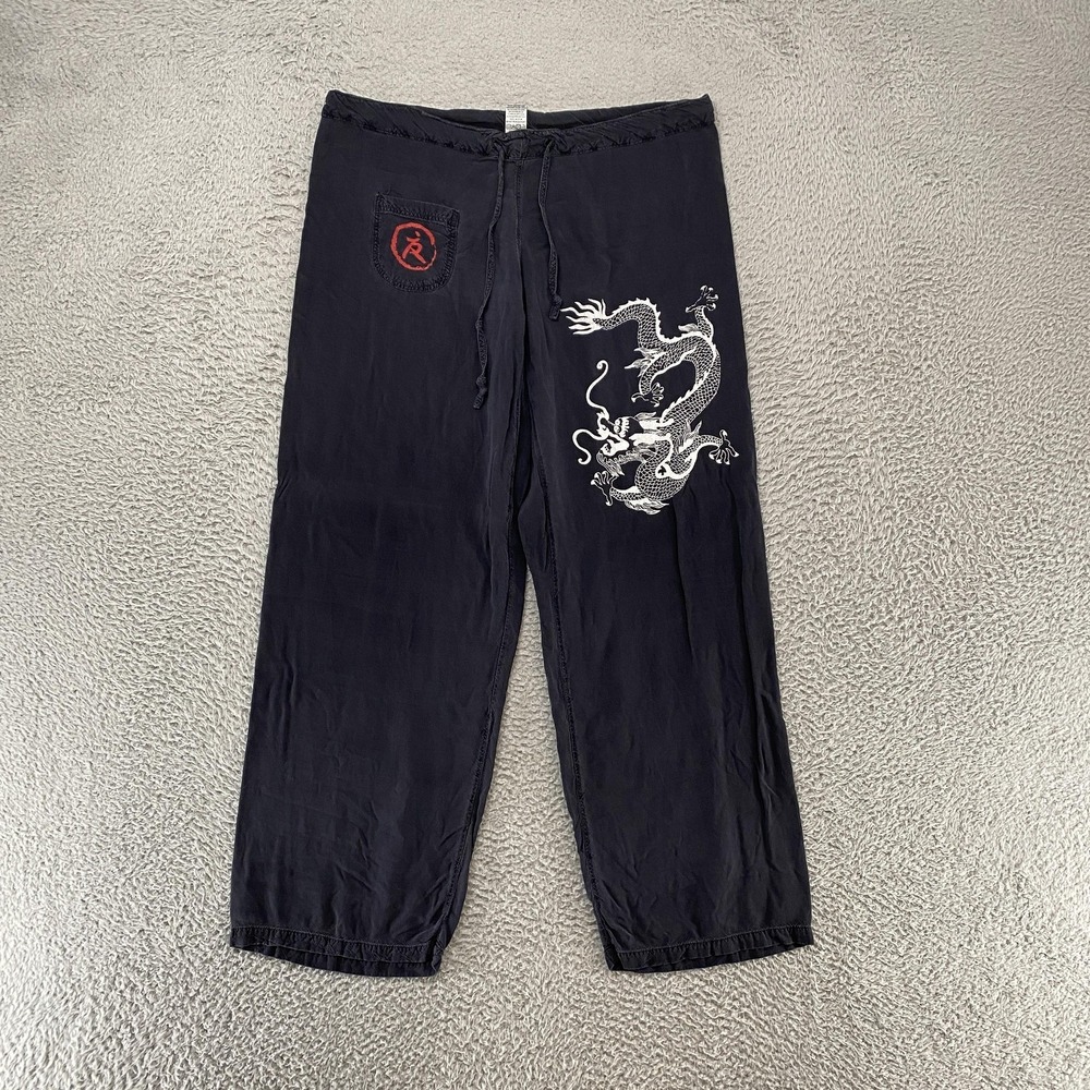 Raj Dragon Yoga Pants Size Small Black Rayon Wide Leg Drawstring‎ Y2K Asian